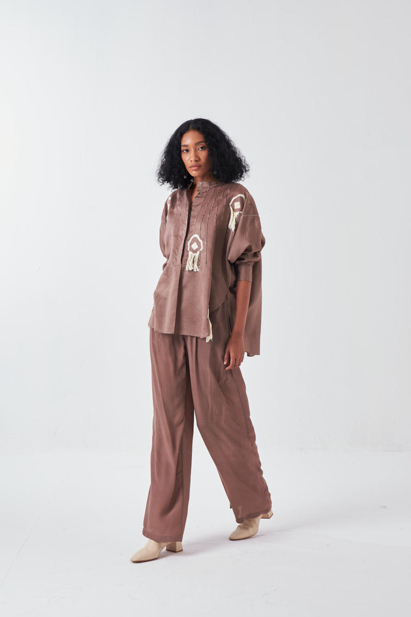 FRINGE PINTUCK BAT SLEEVE SHIRT-CEDAR poplin by THREE for women in Singapore