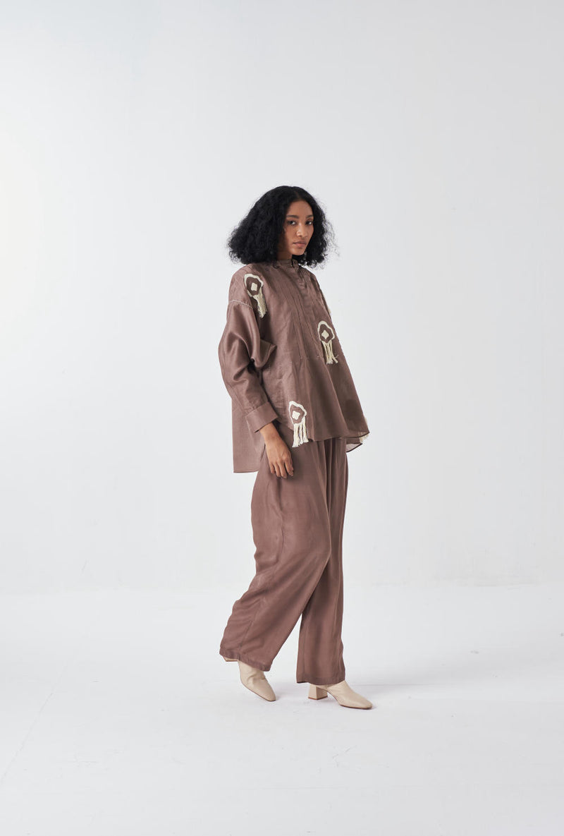 FRINGE PINTUCK BAT SLEEVE SHIRT-CEDAR poplin by THREE for women in Singapore