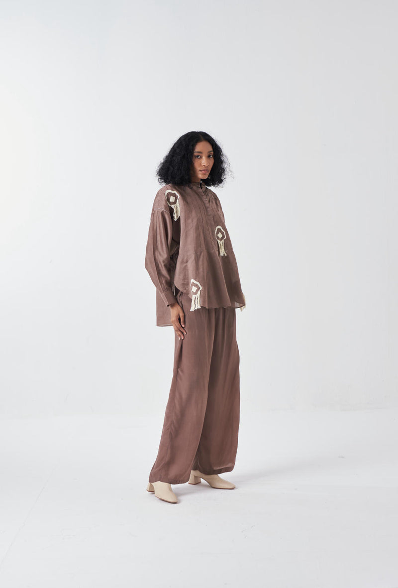 FRINGE PINTUCK BAT SLEEVE SHIRT-CEDAR poplin by THREE for women in Singapore