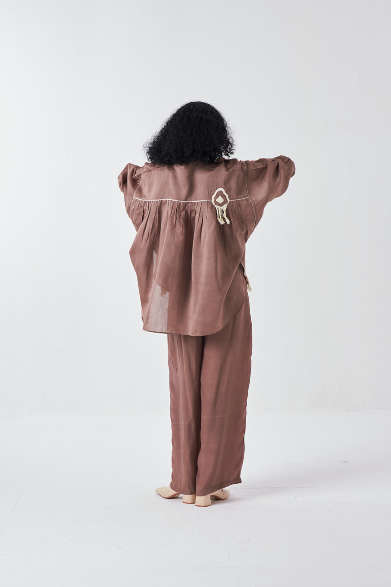 FRINGE PINTUCK BAT SLEEVE SHIRT-CEDAR poplin by THREE for women in Singapore
