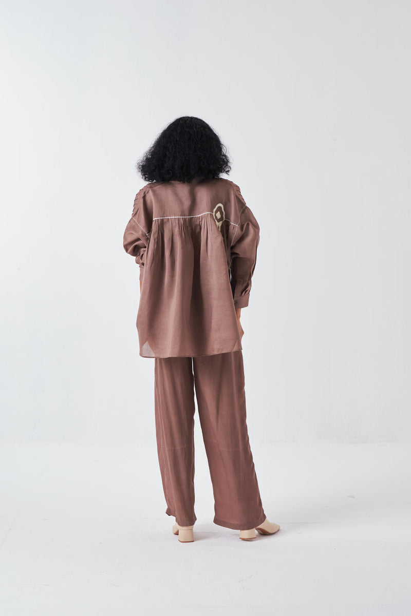 FRINGE PINTUCK BAT SLEEVE SHIRT-CEDAR poplin by THREE for women in Singapore
