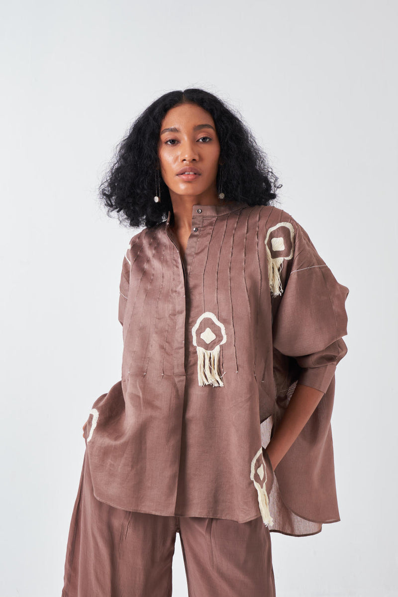 FRINGE PINTUCK BAT SLEEVE SHIRT-CEDAR poplin by THREE for women in Singapore