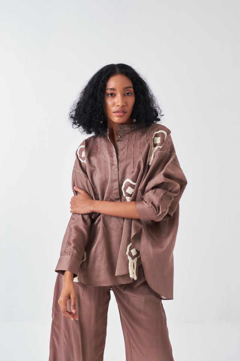 FRINGE PINTUCK BAT SLEEVE SHIRT-CEDAR poplin by THREE for women in Singapore