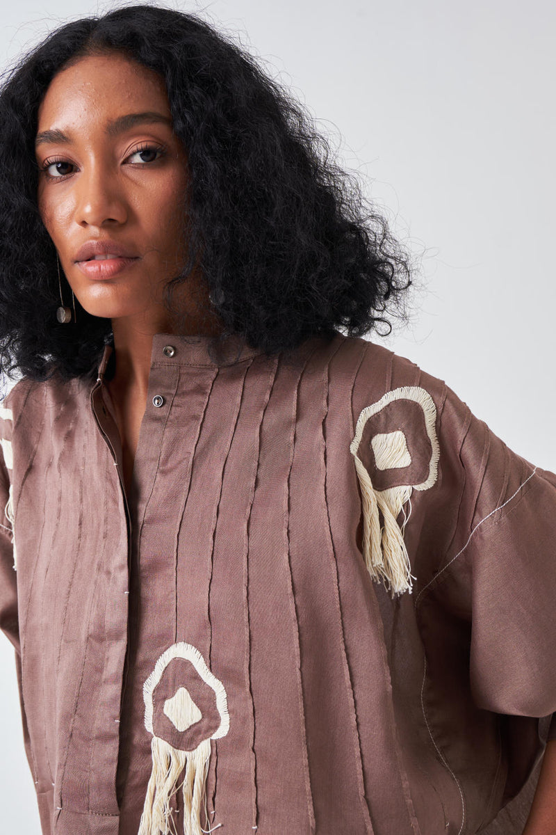 FRINGE PINTUCK BAT SLEEVE SHIRT-CEDAR poplin by THREE for women in Singapore