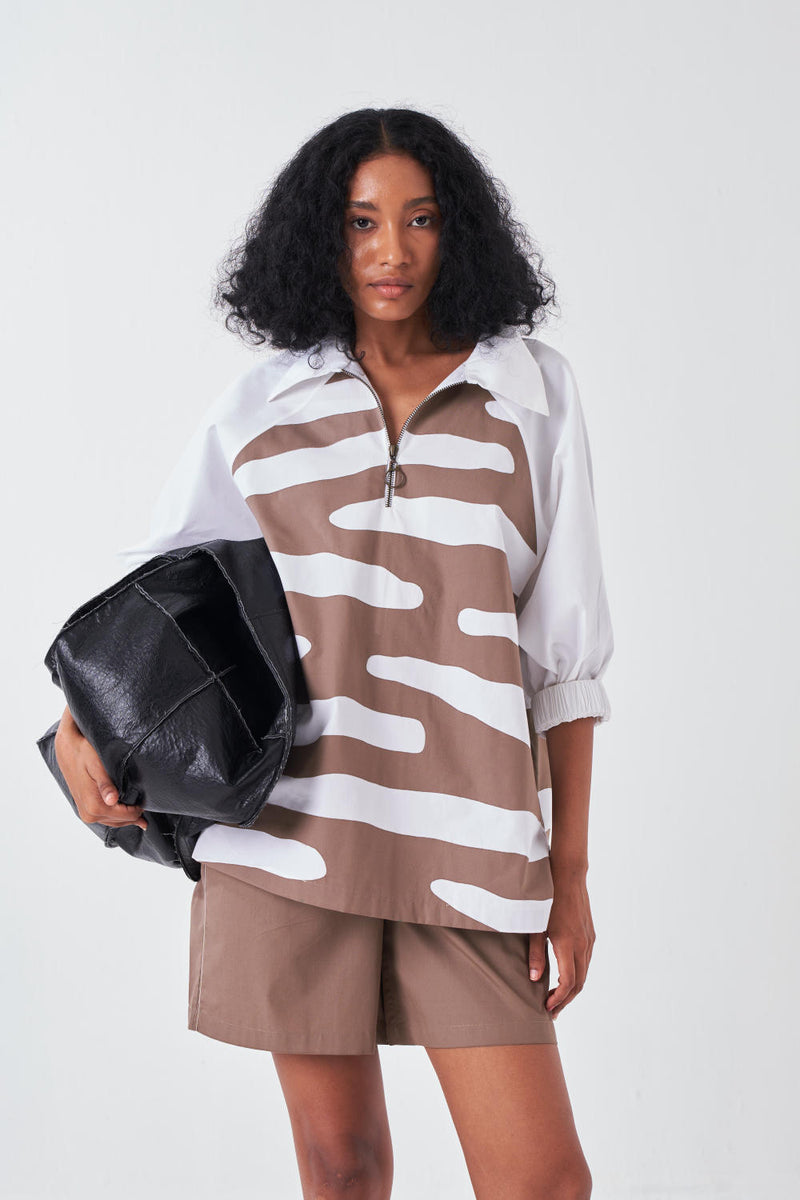 APPLIQUE BOXY SHIRT-CEDAR/WHITE chanderi by THREE for women in Singapore