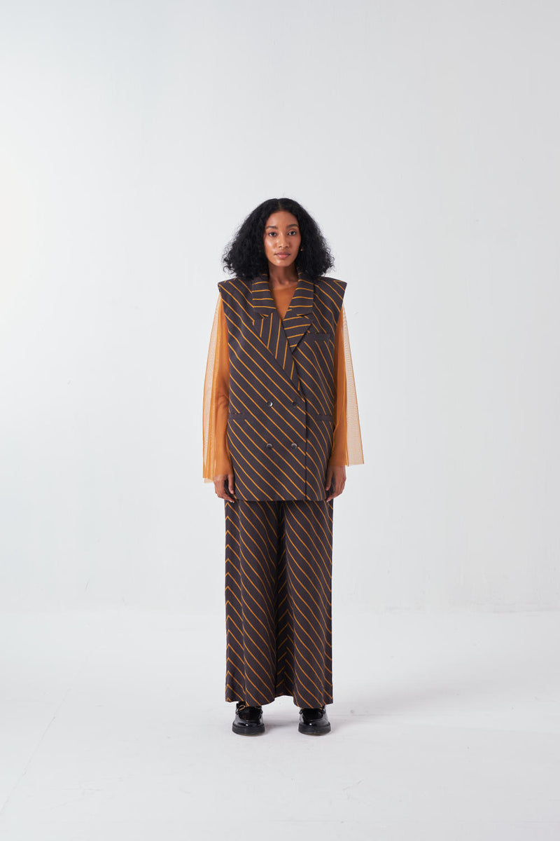 DIAGONAL STRIPE JACKET CO-ORD-CHARCOAL STRIPE (SET OF 2) cotton by THREE for women in Singapore