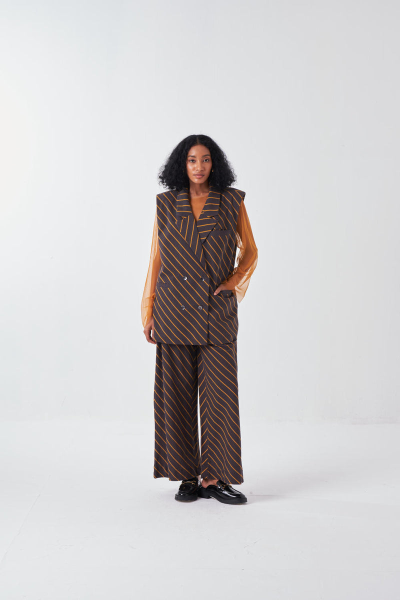 DIAGONAL STRIPE JACKET CO-ORD-CHARCOAL STRIPE (SET OF 2) cotton by THREE for women in Singapore