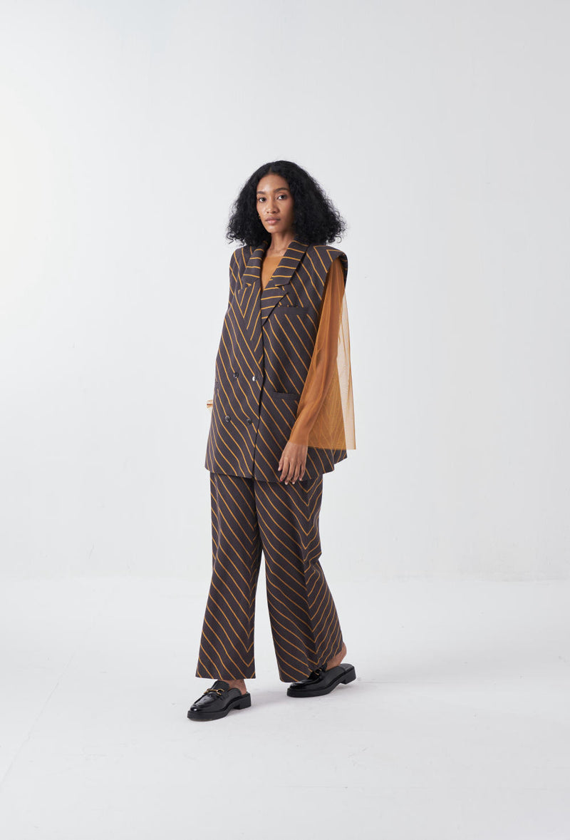 DIAGONAL STRIPE JACKET CO-ORD-CHARCOAL STRIPE (SET OF 2) cotton by THREE for women in Singapore