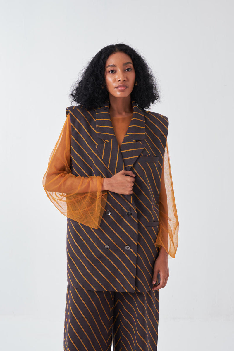 DIAGONAL STRIPE JACKET-CHARCOAL STRIPE cotton by THREE for women in Singapore