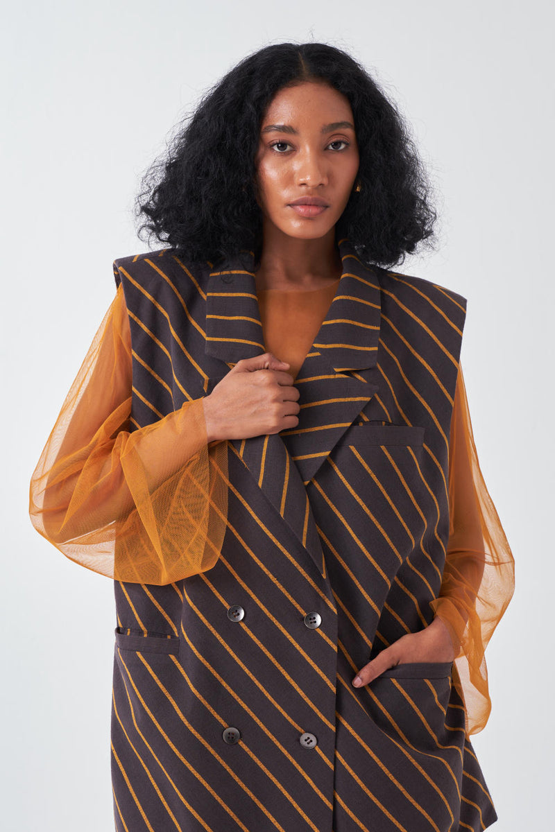 DIAGONAL STRIPE JACKET CO-ORD-CHARCOAL STRIPE (SET OF 2) cotton by THREE for women in Singapore