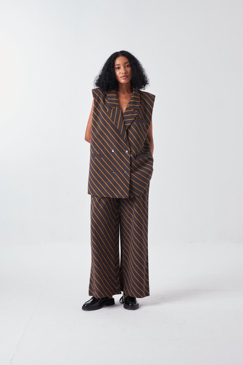 DIAGONAL STRIPE JACKET CO-ORD-CHARCOAL STRIPE (SET OF 2) cotton by THREE for women in Singapore