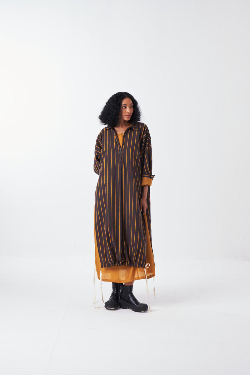 DRAWSTRING TUNIC-CHARCOAL STRIPE poplin by THREE for women in Singapore