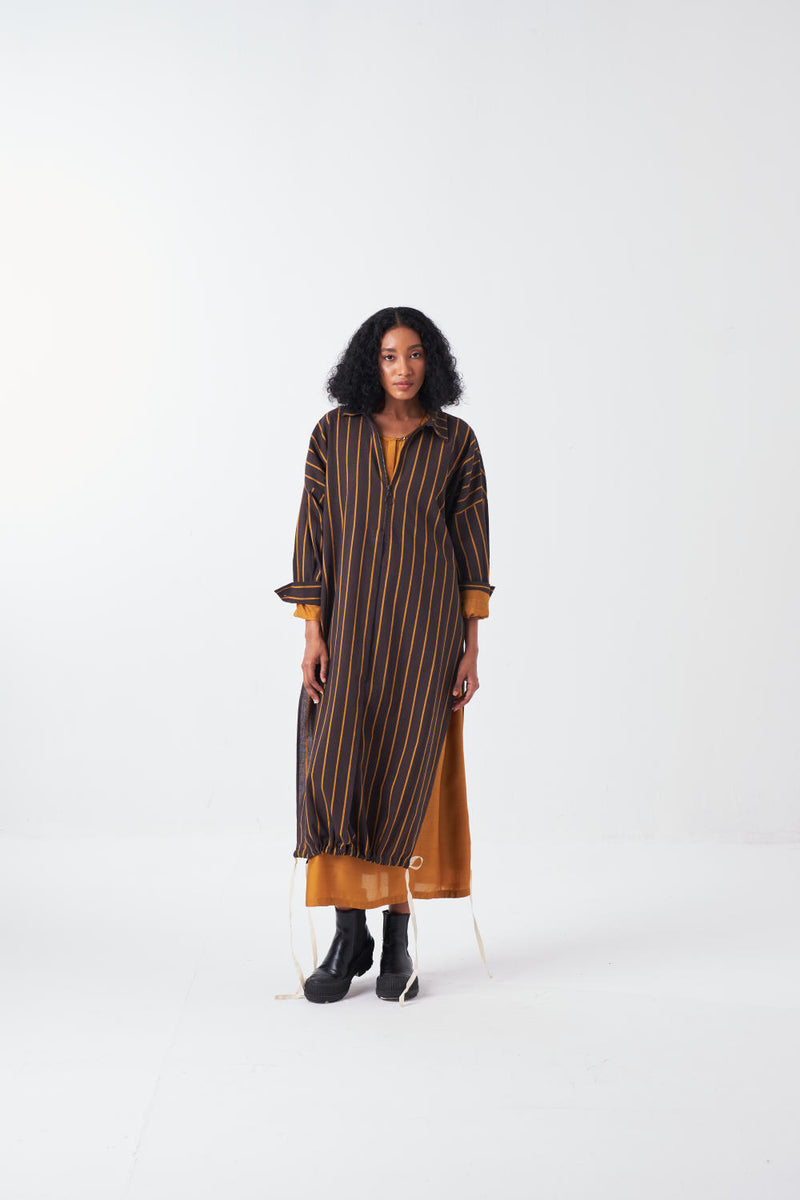 DRAWSTRING TUNIC-CHARCOAL STRIPE poplin by THREE for women in Singapore