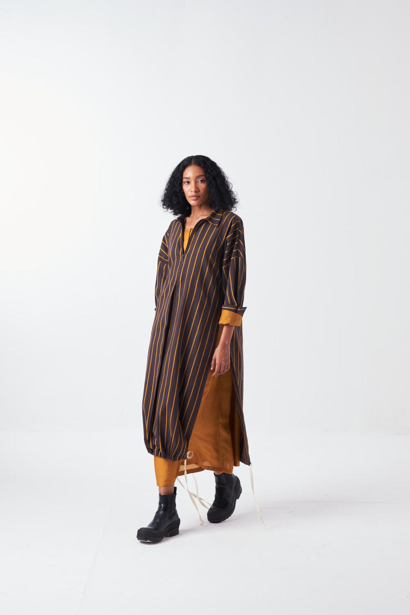 DRAWSTRING TUNIC-CHARCOAL STRIPE poplin by THREE for women in Singapore