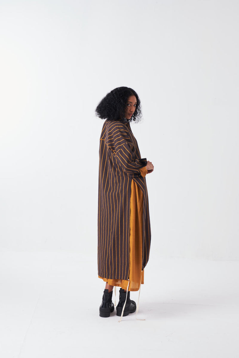 DRAWSTRING TUNIC-CHARCOAL STRIPE poplin by THREE for women in Singapore