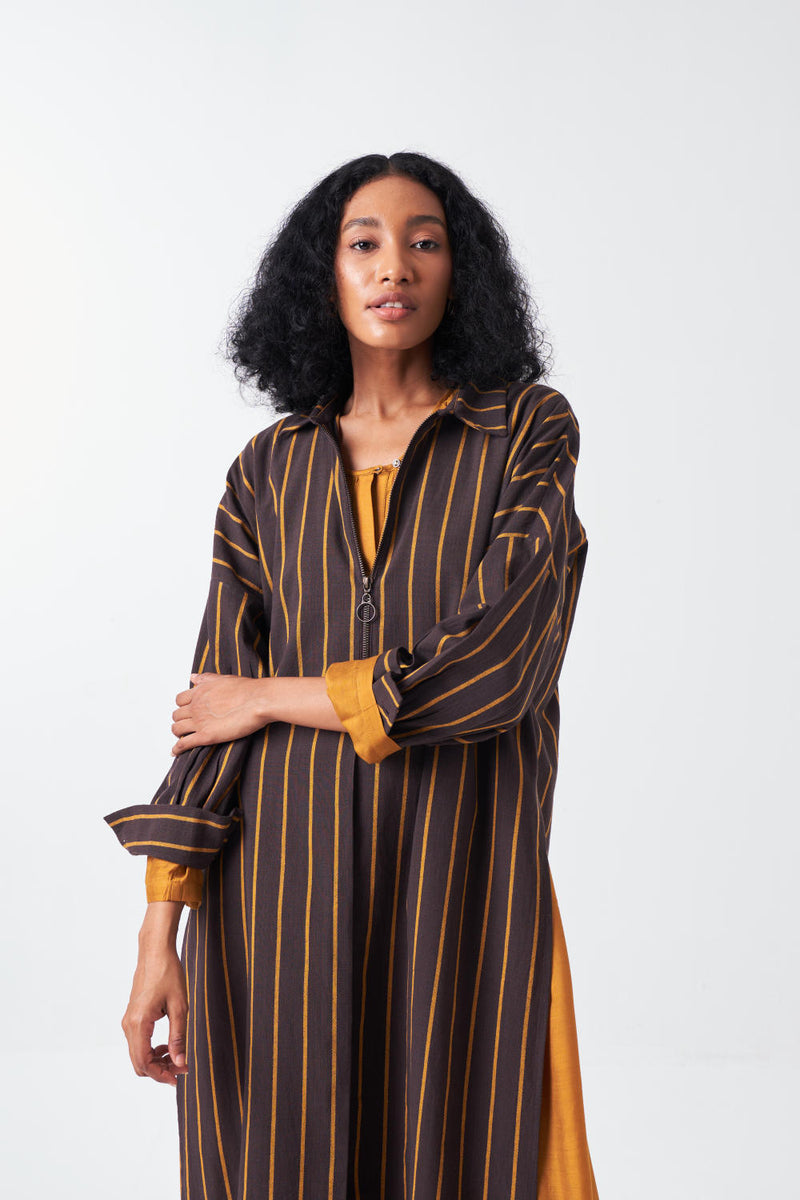 DRAWSTRING TUNIC-CHARCOAL STRIPE poplin by THREE for women in Singapore