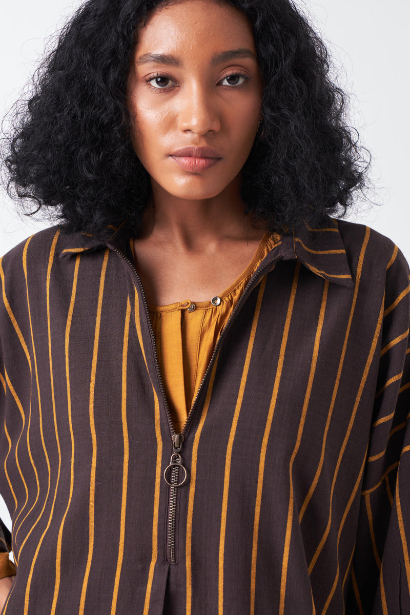 DRAWSTRING TUNIC-CHARCOAL STRIPE poplin by THREE for women in Singapore