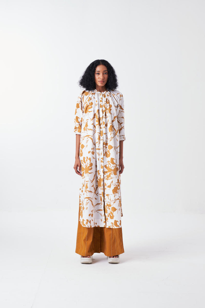 GATHER NECK SHIRT CO-ORD-MUSTARD FLORAL & MUSTARD (SET OF 2) poplin by THREE for women in Singapore