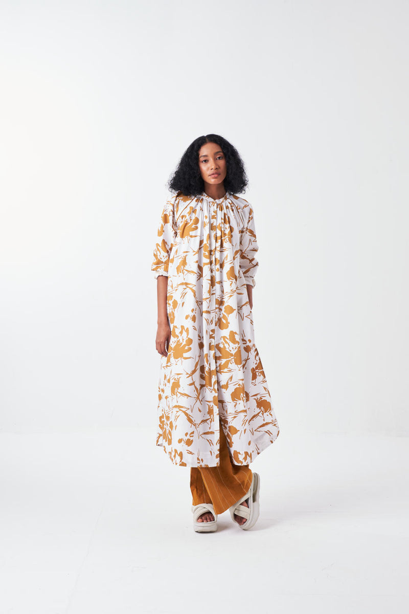 GATHER NECK SHIRT CO-ORD-MUSTARD FLORAL & MUSTARD (SET OF 2) poplin by THREE for women in Singapore