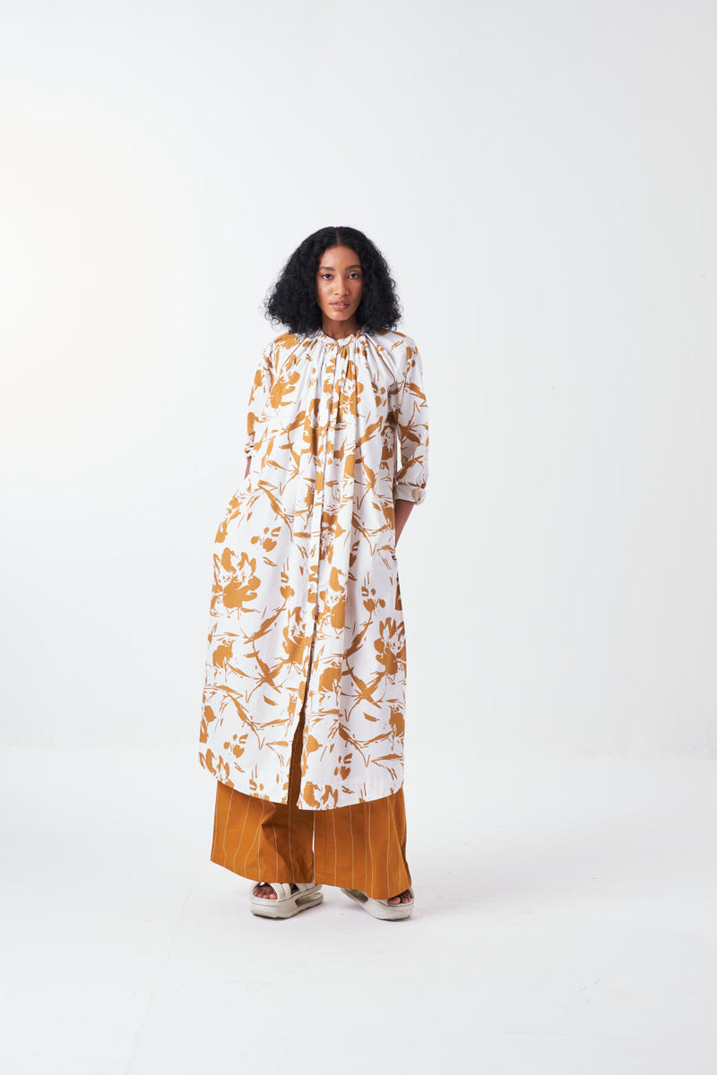 GATHER NECK SHIRT CO-ORD-MUSTARD FLORAL & MUSTARD (SET OF 2) poplin by THREE for women in Singapore