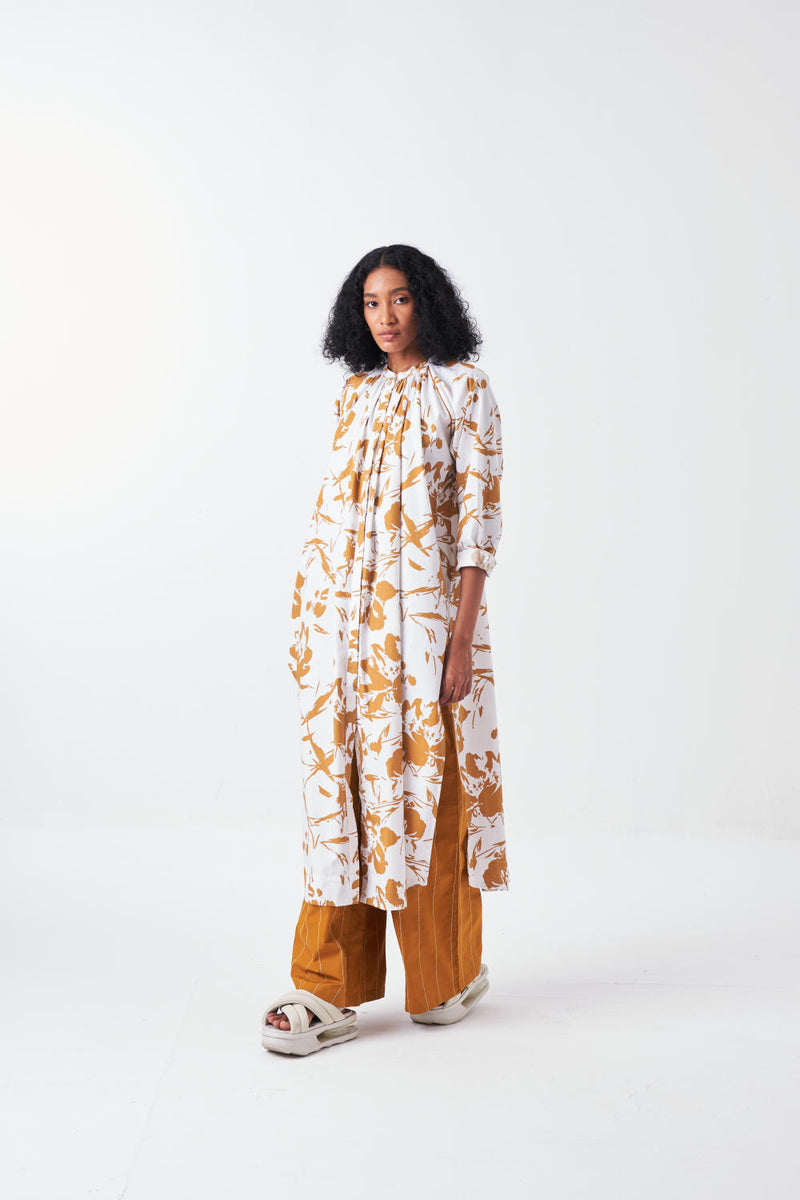 GATHER NECK SHIRT CO-ORD-MUSTARD FLORAL & MUSTARD (SET OF 2) poplin by THREE for women in Singapore