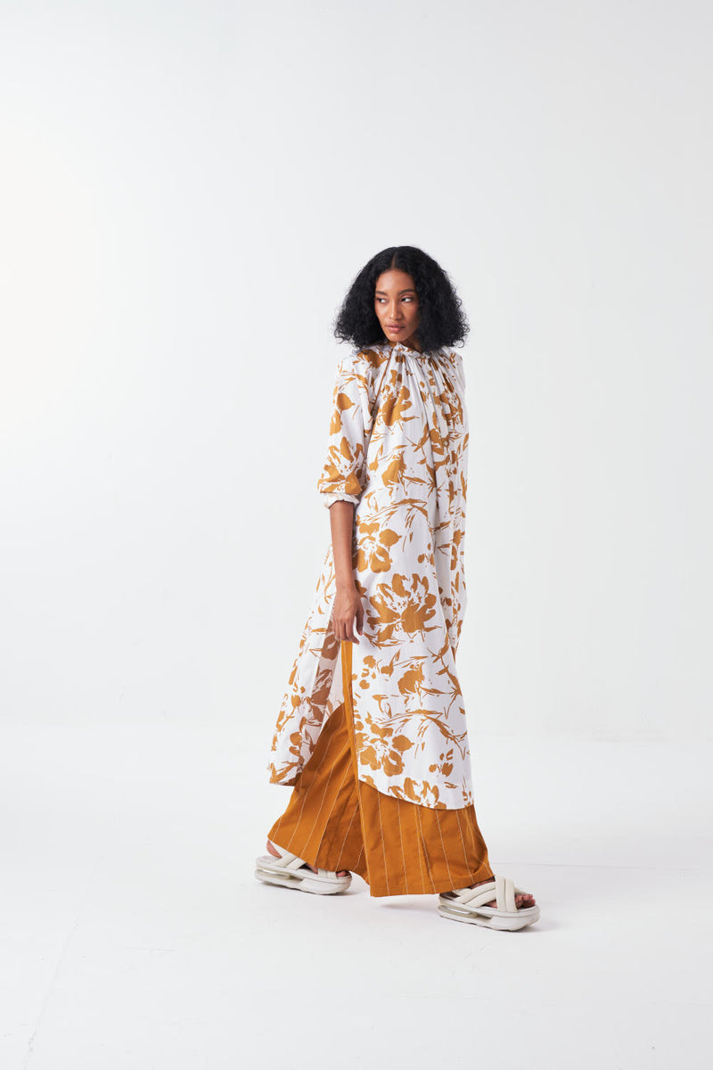 GATHER NECK SHIRT CO-ORD-MUSTARD FLORAL & MUSTARD (SET OF 2) poplin by THREE for women in Singapore