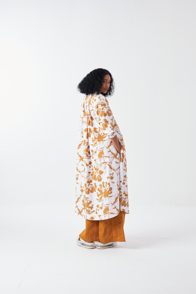 GATHER NECK SHIRT CO-ORD-MUSTARD FLORAL & MUSTARD (SET OF 2) poplin by THREE for women in Singapore