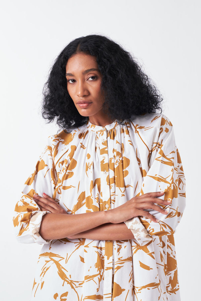 GATHER NECK SHIRT CO-ORD-MUSTARD FLORAL & MUSTARD (SET OF 2) poplin by THREE for women in Singapore