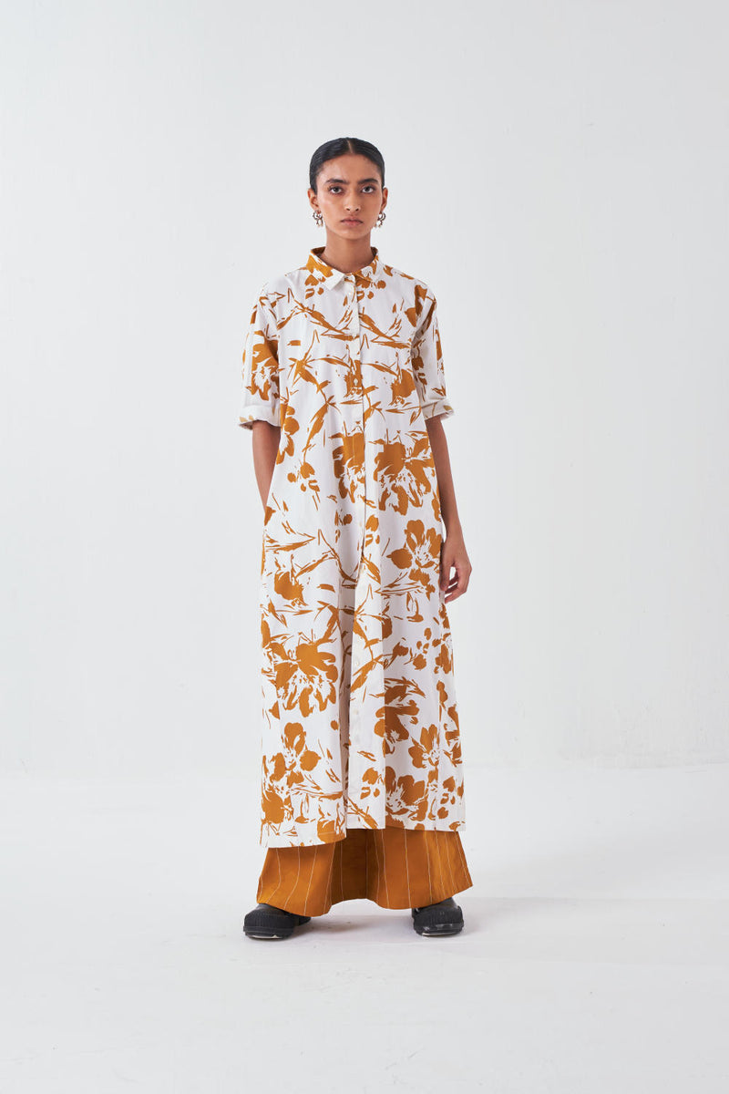 BACK PLEAT DRESS CO-ORD-MUSTARD FLORAL (SET OF 2) poplin by THREE for women in Singapore