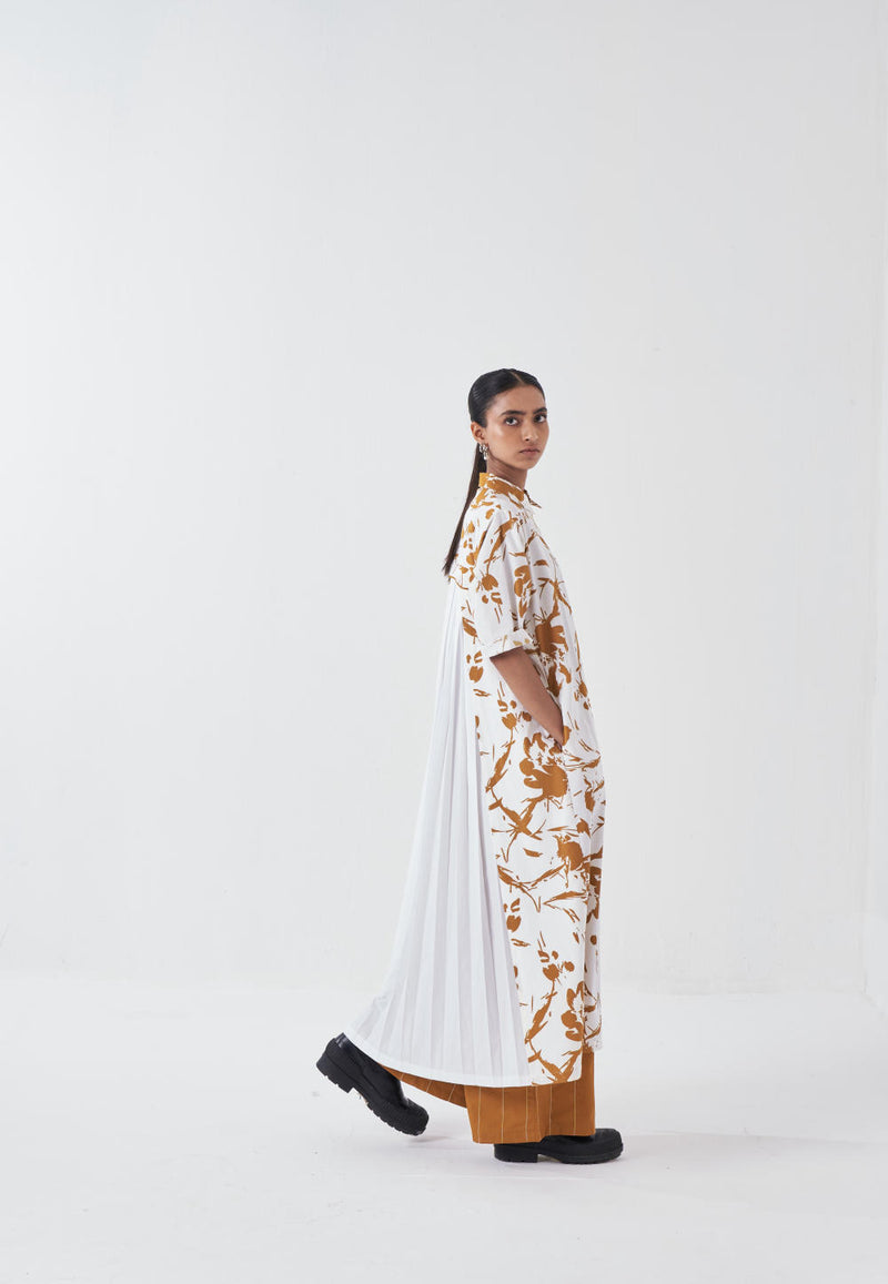 BACK PLEAT DRESS CO-ORD-MUSTARD FLORAL (SET OF 2) poplin by THREE for women in Singapore