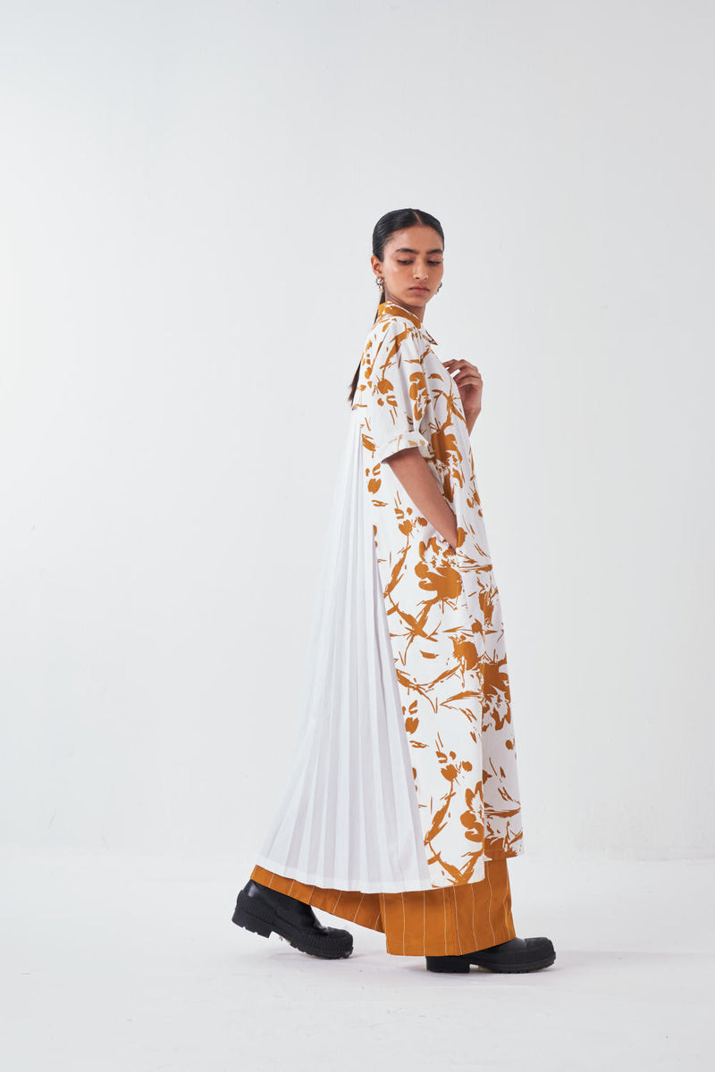 BACK PLEAT DRESS CO-ORD-MUSTARD FLORAL (SET OF 2) poplin by THREE for women in Singapore