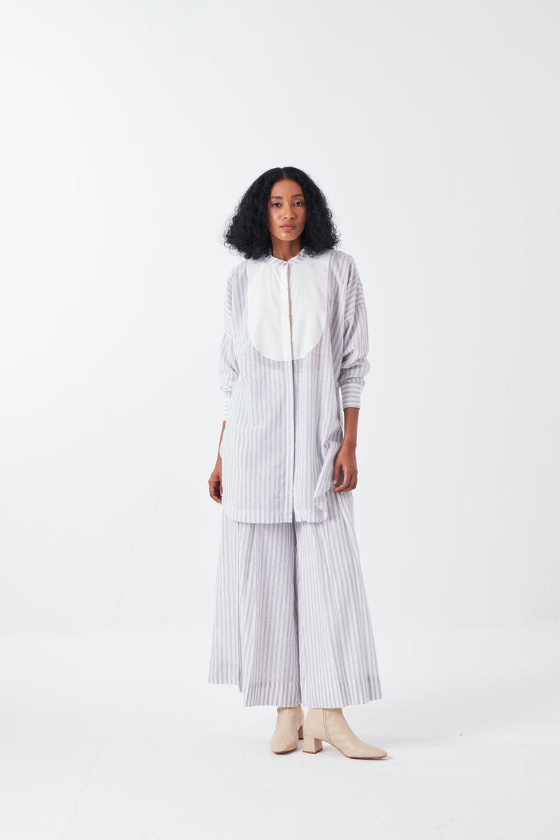 INVERTED BOX PLEAT BOTTOM-WHITE & BLUE STRIPE poplin by THREE for women in Singapore