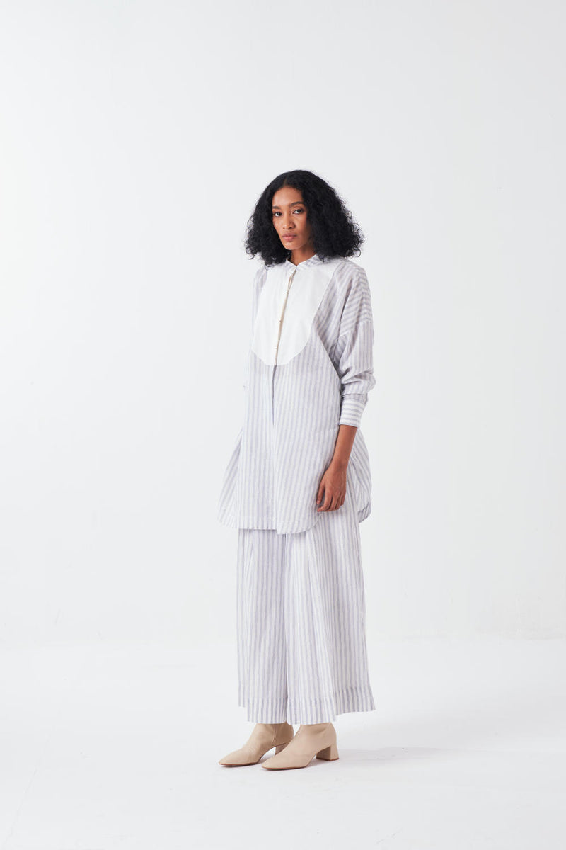 INVERTED BOX PLEAT BOTTOM-WHITE & BLUE STRIPE poplin by THREE for women in Singapore
