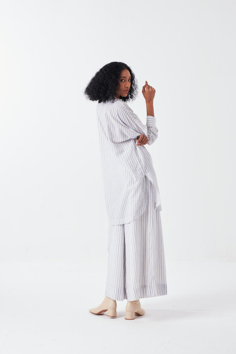 INVERTED BOX PLEAT BOTTOM-WHITE & BLUE STRIPE poplin by THREE for women in Singapore