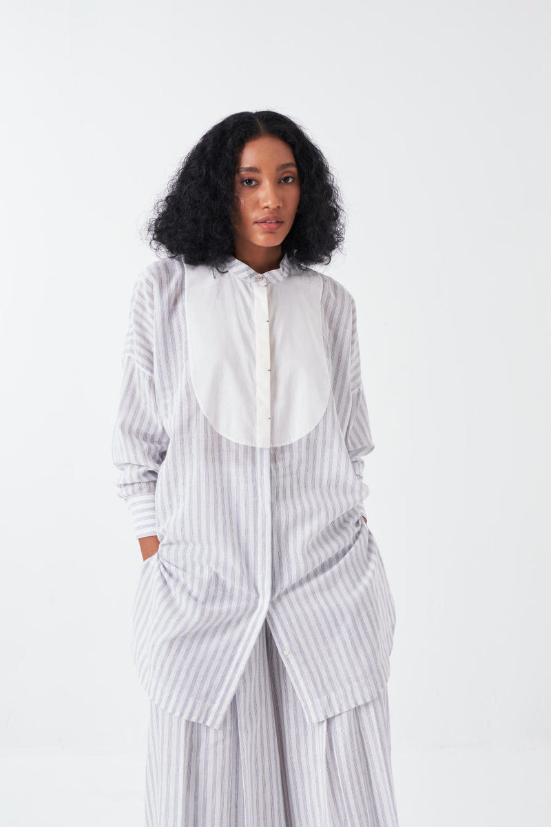 U-YOKE SHIRT-WHITE-BLUE cotton by THREE for women in Singapore