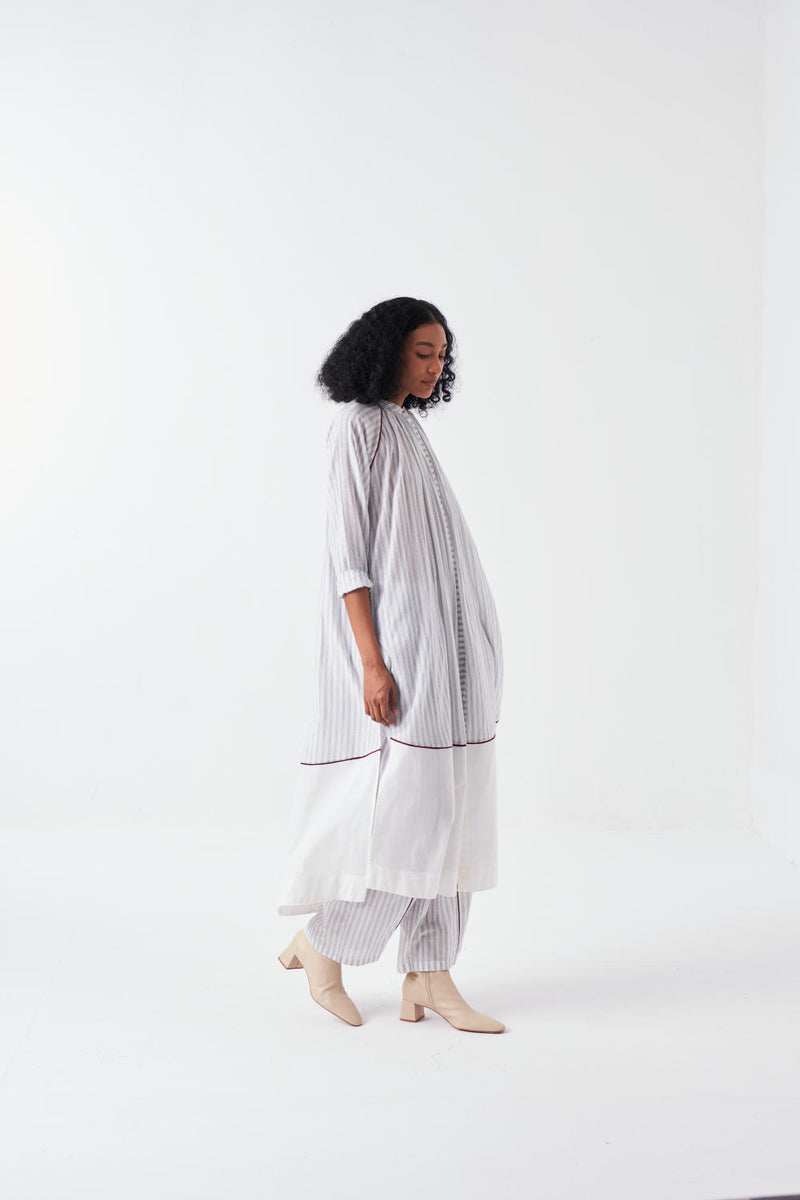 PANEL GATHER NECK SHIRT CO-ORD-WHITE & BLUE (SET OF 2) cotton by THREE for women in Singapore
