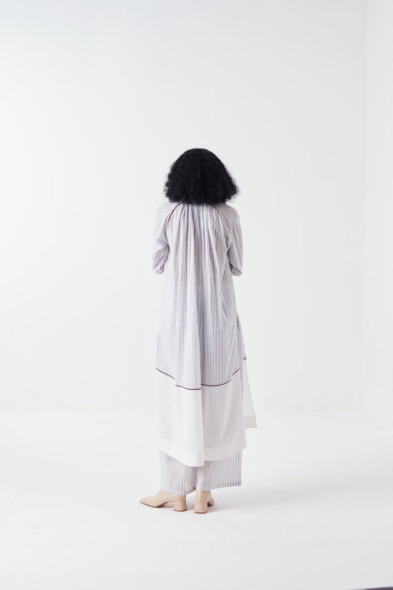 PANEL GATHER NECK SHIRT CO-ORD-WHITE & BLUE (SET OF 2) cotton by THREE for women in Singapore