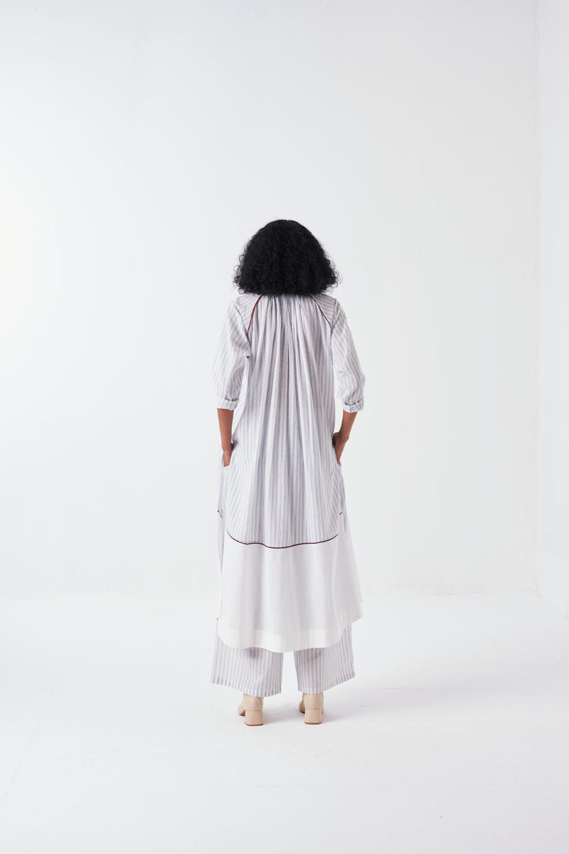 PANEL GATHER NECK SHIRT CO-ORD-WHITE & BLUE (SET OF 3) cotton by THREE for women in Singapore