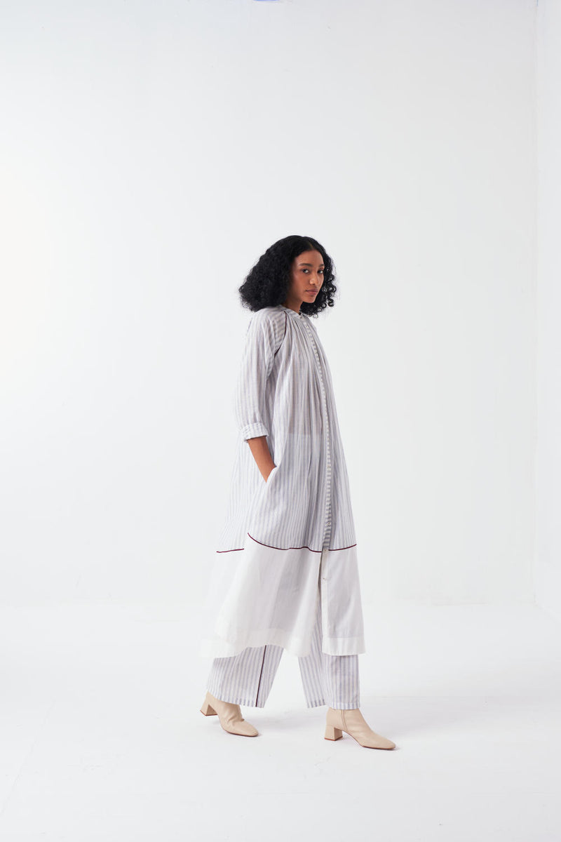 PANEL GATHER NECK SHIRT CO-ORD-WHITE & BLUE (SET OF 3) cotton by THREE for women in Singapore