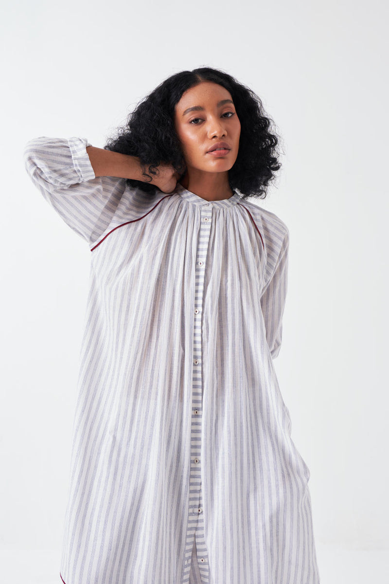 PANEL GATHER NECK SHIRT CO-ORD-WHITE & BLUE (SET OF 3) cotton by THREE for women in Singapore