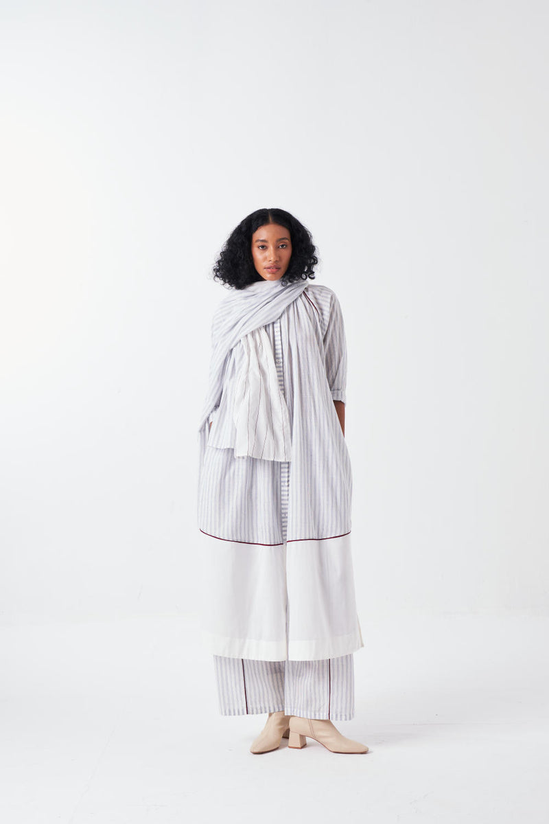 PANEL GATHER NECK SHIRT CO-ORD-WHITE & BLUE (SET OF 2) cotton by THREE for women in Singapore