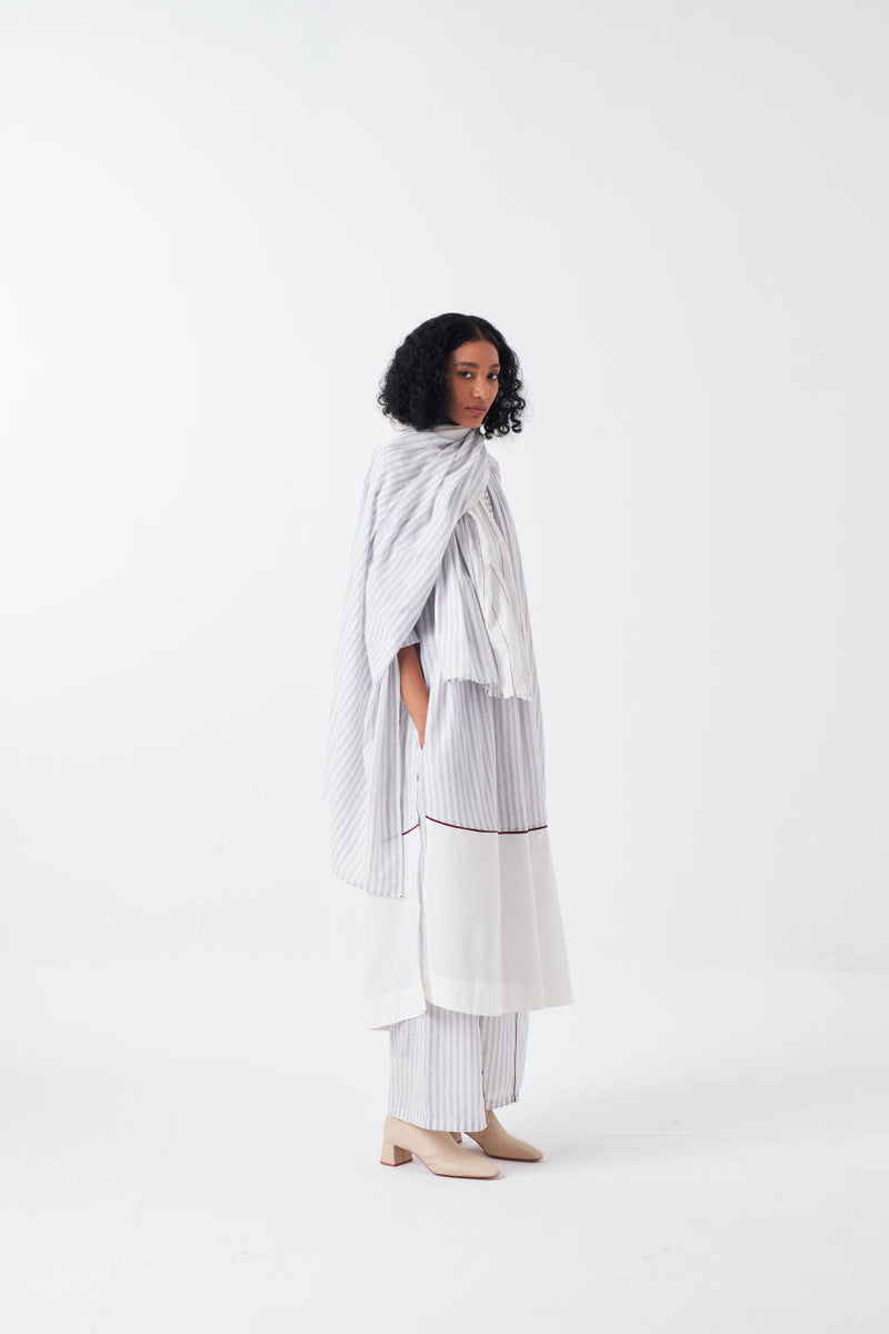 PANEL GATHER NECK SHIRT CO-ORD-WHITE & BLUE (SET OF 3) cotton by THREE for women in Singapore