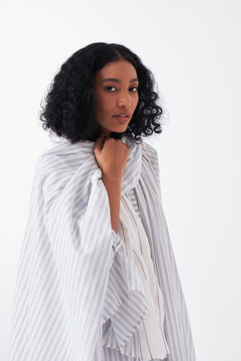 PANEL GATHER NECK SHIRT CO-ORD-WHITE & BLUE (SET OF 3) cotton by THREE for women in Singapore