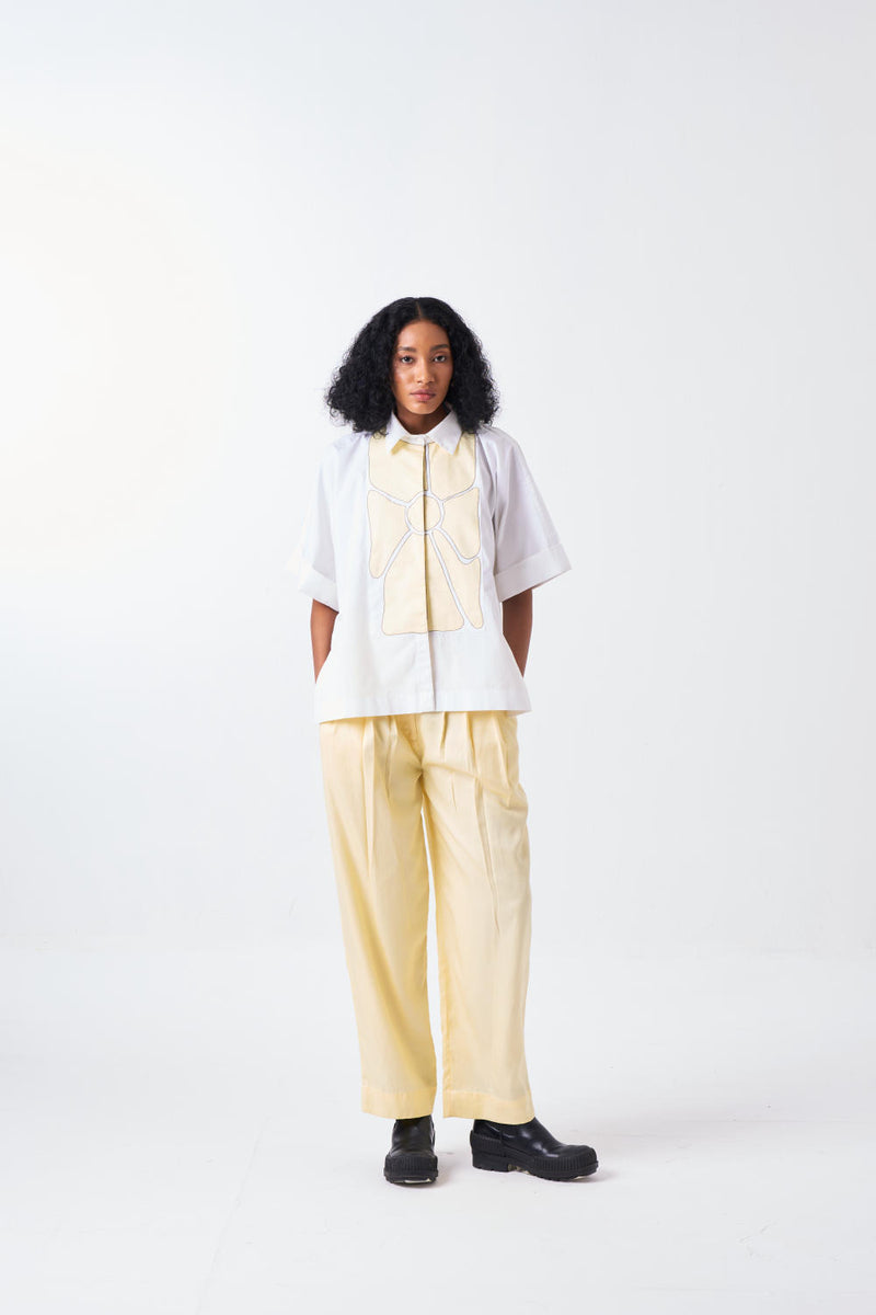 FLORAL APPLIQUE SHIRT-WHITE/BUTTER cotton by THREE for women in Singapore