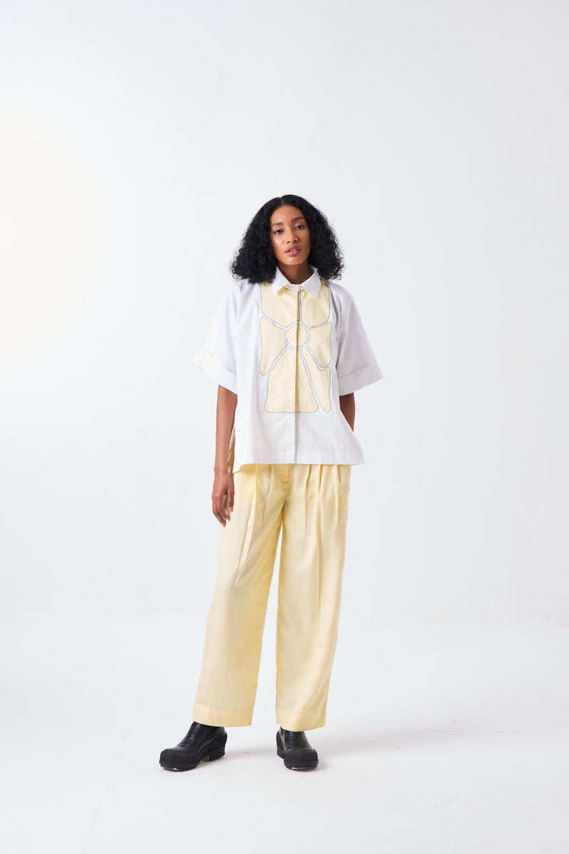 FLORAL APPLIQUE SHIRT-WHITE/BUTTER cotton by THREE for women in Singapore
