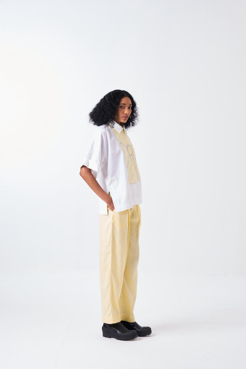 FLORAL APPLIQUE SHIRT-WHITE/BUTTER cotton by THREE for women in Singapore