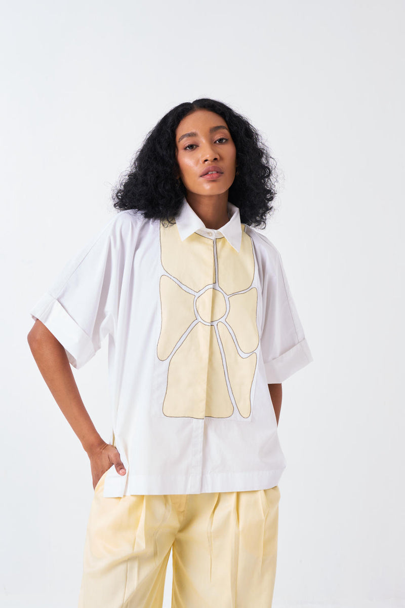 FLORAL APPLIQUE SHIRT-WHITE/BUTTER cotton by THREE for women in Singapore