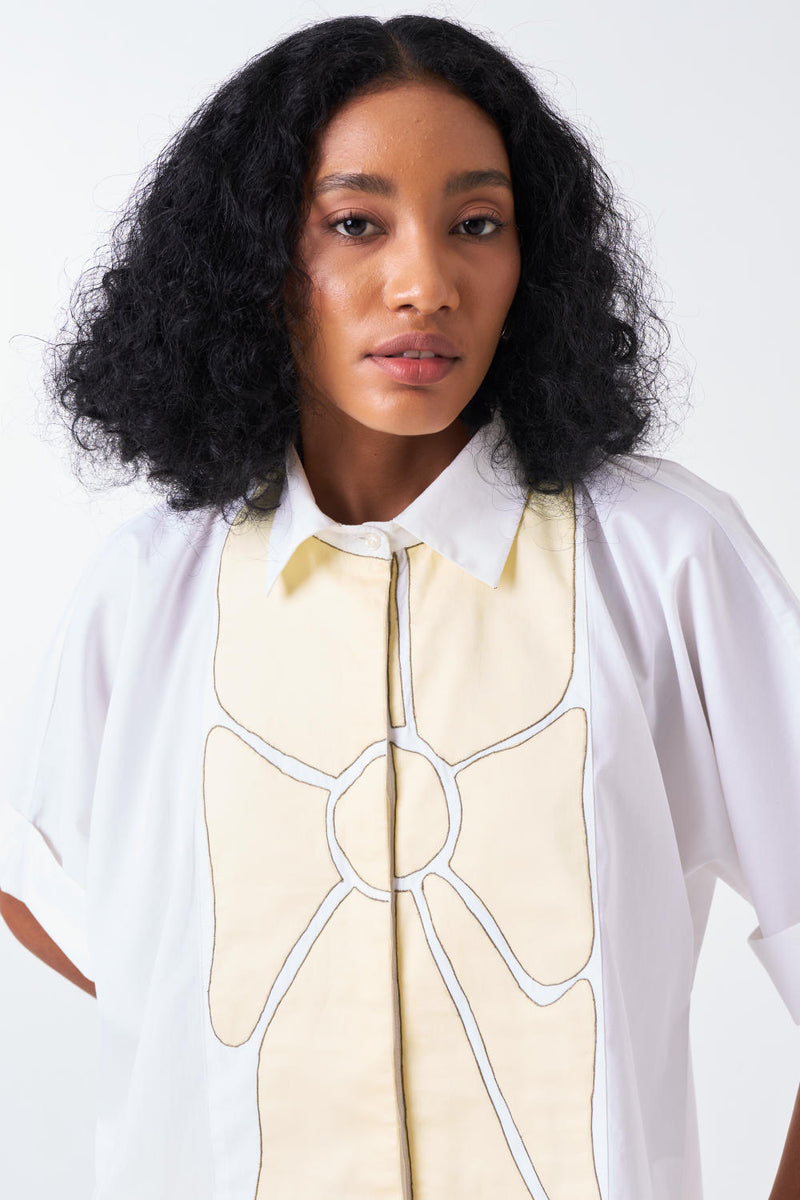FLORAL APPLIQUE SHIRT-WHITE/BUTTER cotton by THREE for women in Singapore