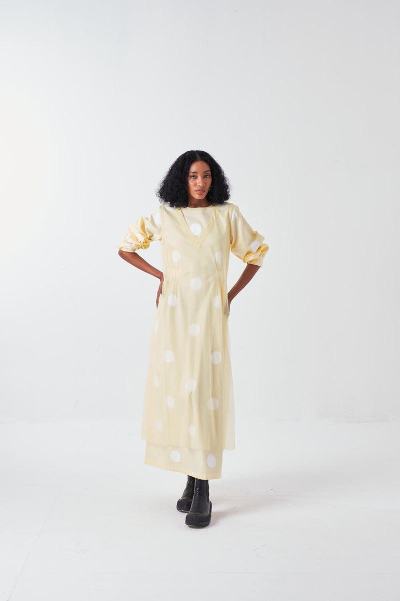 SIDE GATHER OVERLAY CO-ORD-BUTTER POLKA (SET OF 2) poplin by THREE for women in Singapore