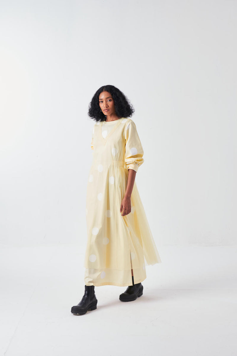SIDE GATHER OVERLAY CO-ORD-BUTTER POLKA (SET OF 2) poplin by THREE for women in Singapore